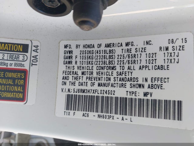 Honda Cr-v Ex-l 2015 5J6RM3H7XFL024502 Image 9