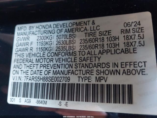 7FARS5H88SE002709 Honda Cr-v Hybrid Sport-l