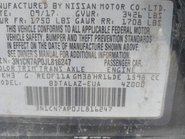 3N1CN7AP0JL816247 Nissan Versa 1.6 S+