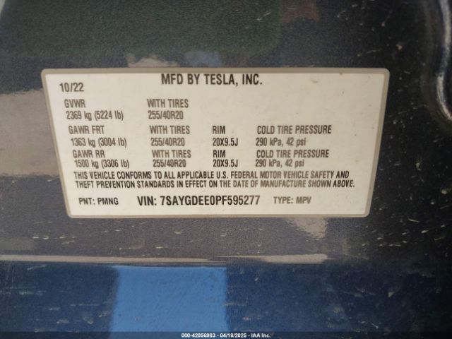 7SAYGDEE0PF595277 Tesla Model Y Awd/long Range Dual Motor All-wheel Drive