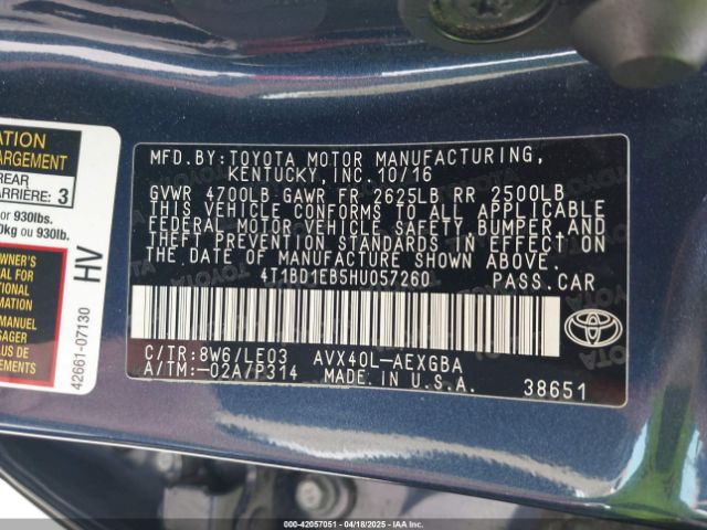 4T1BD1EB5HU057260 Toyota Avalon Hybrid Xle Premium
