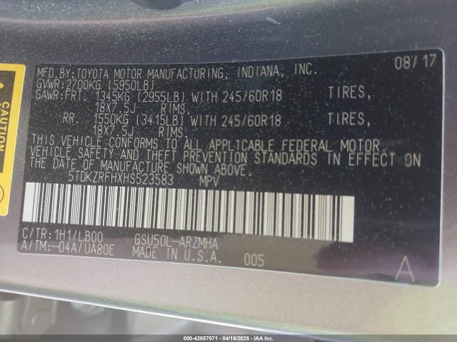 5TDKZRFHXHS523583 Toyota Highlander Xle