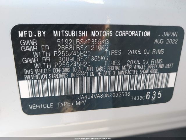 JA4J4VA80NZ092508 Mitsubishi Outlander Sel 2.5 S-awc/sel Launch Edition S-awc/sel Special Edition S-awc