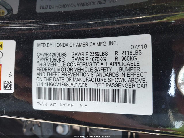 1HGCV1F58JA217218 Honda Accord Ex-l