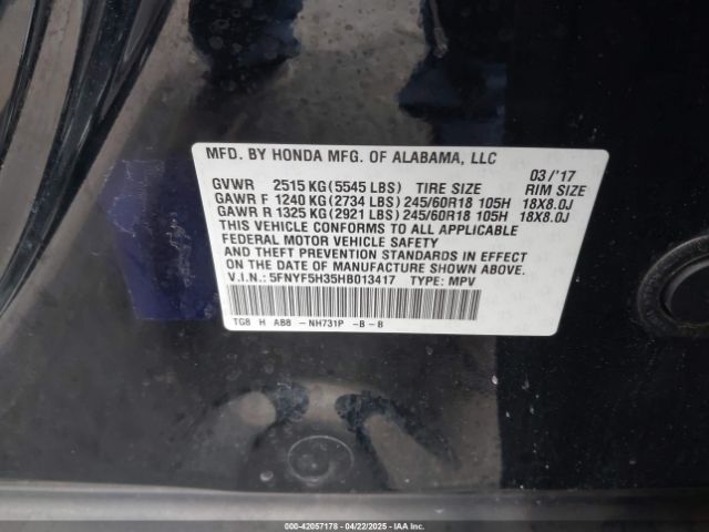 5FNYF5H35HB013417 Honda Pilot Ex