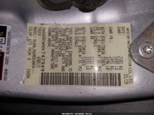 1N6AD0CWXKN742949 Nissan Frontier Sv