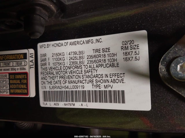 5J6RW2H54LL009119 Honda Cr-v Awd Ex