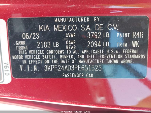 3KPF24AD3PE651525 KIA Forte Lxs