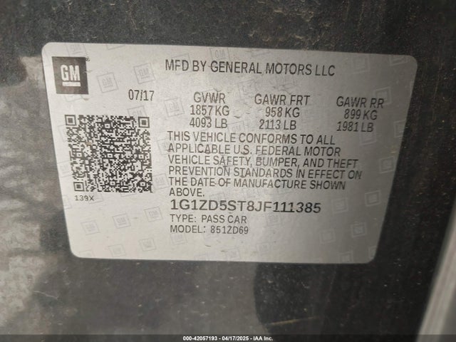 1G1ZD5ST8JF111385 Chevrolet lfv - direct injection, variable valve timing, gen 1