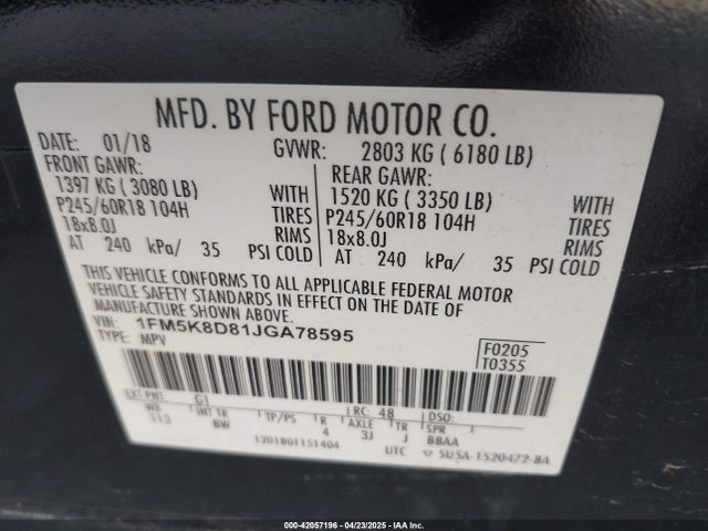 1FM5K8D81JGA78595 Ford EXPLORER XLT