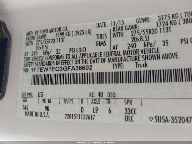 1FTEW1EG3GFA36692 Ford F-150 Platinum