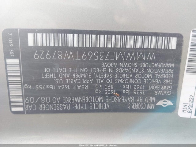 2009 MINI COOPER S WMWMF73569TW87929 Photo 8