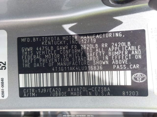 4T1G11AK4LU916836 Toyota CAMRY SE