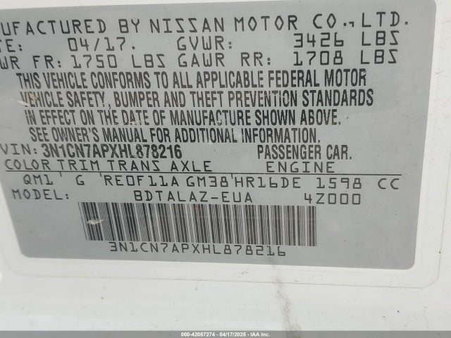 3N1CN7APXHL878216 Nissan Versa 1.6 S+