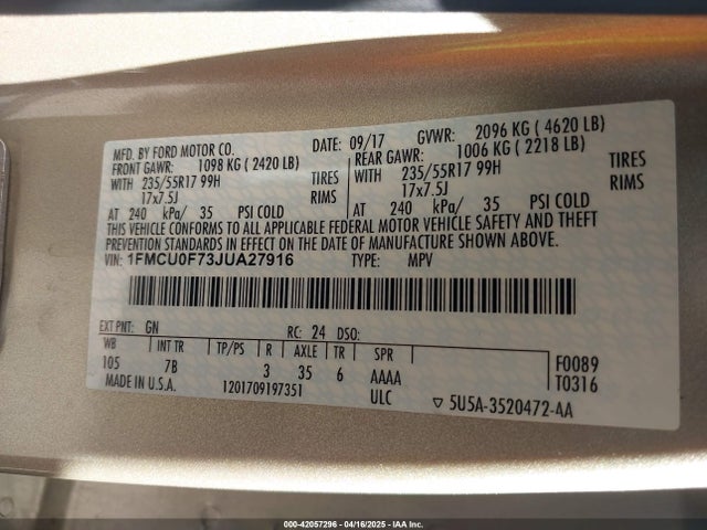 1FMCU0F73JUA27916 Ford ESCAPE S