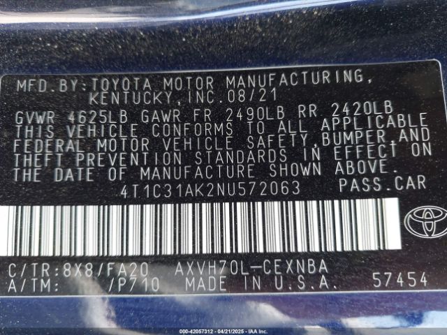 4T1C31AK2NU572063 Toyota Camry Le Hybrid