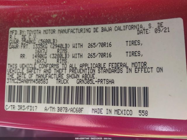 3TMCZ5AN0MM450583 Toyota Tacoma 4wd Trd Off Road
