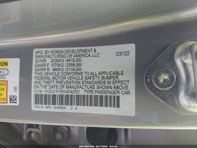 1HGCV1F3XNA042331 Honda Accord Sport