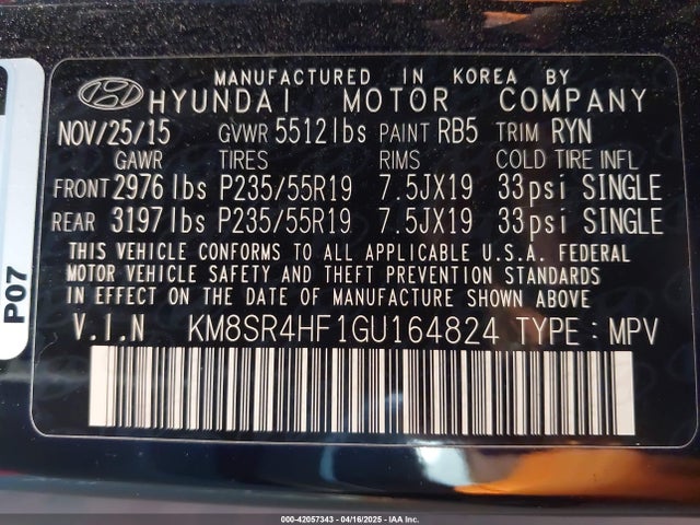 KM8SR4HF1GU164824 Hyundai gdi lambda ii