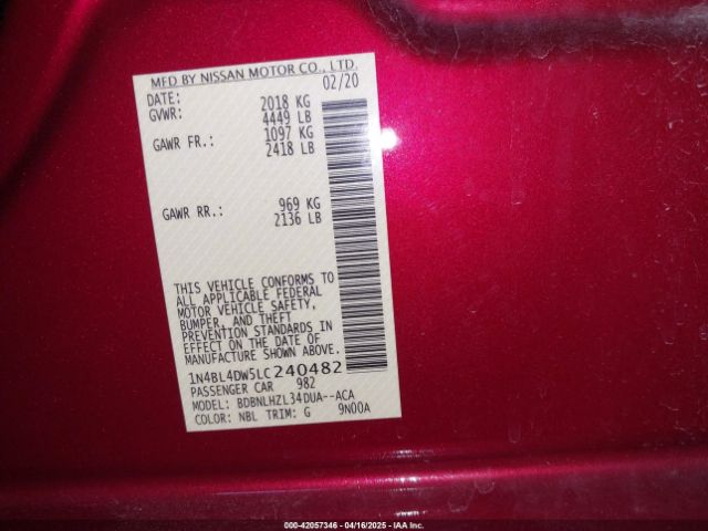 1N4BL4DW5LC240482 Nissan Altima Sv Intelligent Awd
