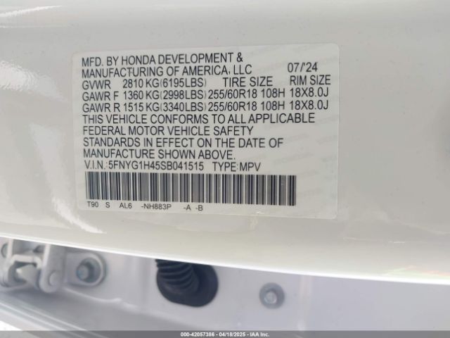 5FNYG1H45SB041515 Honda Pilot Ex-l