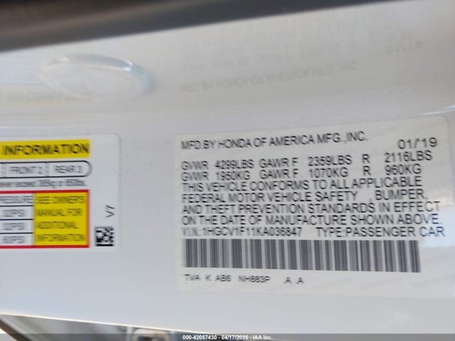 1HGCV1F11KA036847 Honda ACCORD LX