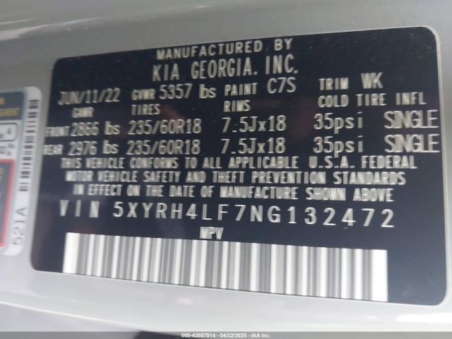 5XYRH4LF7NG132472 KIA SORENTO EX