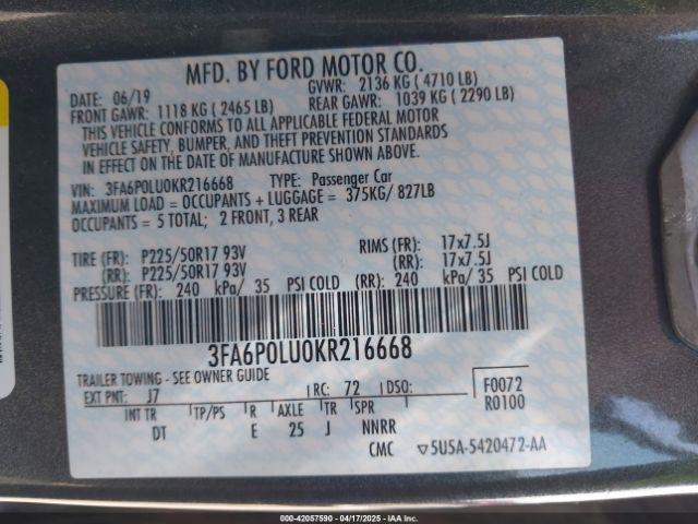 2019 FORD FUSION HYBRID 3FA6P0LU0KR216668 Photo 8