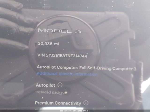 5YJ3E1EA7NF314744 Tesla Model 3 Rear-wheel Drive