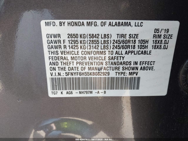 5FNYF6H55KB082929 Honda Pilot Ex-l
