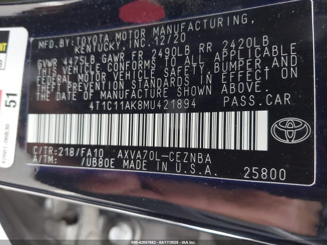 4T1C11AK8MU421894 Toyota CAMRY LE