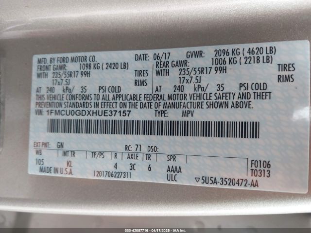 1FMCU0GDXHUE37157 Ford ESCAPE SE