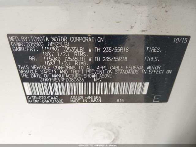 JTMYFREV9FD080636 Toyota Rav4 Limited