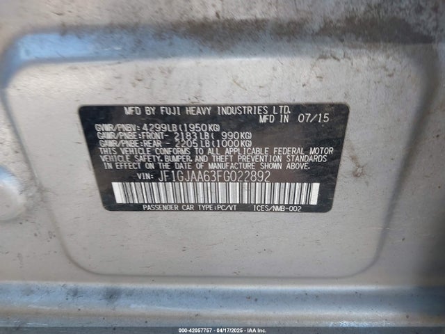 Aukcja sprzedaży 2015 Subaru Impreza 2.0i, vin: JF1GJAA63FG022892, numer aukcji: 42057757