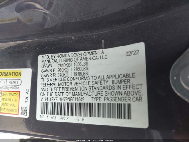 19XFL1H79NE011649 Honda Civic Ex-l