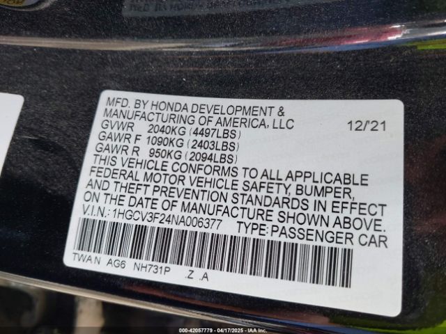 1HGCV3F24NA006377 Honda Accord Hybrid Sport