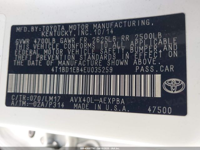 4T1BD1EB4EU035259 Toyota Avalon Hybrid Limited