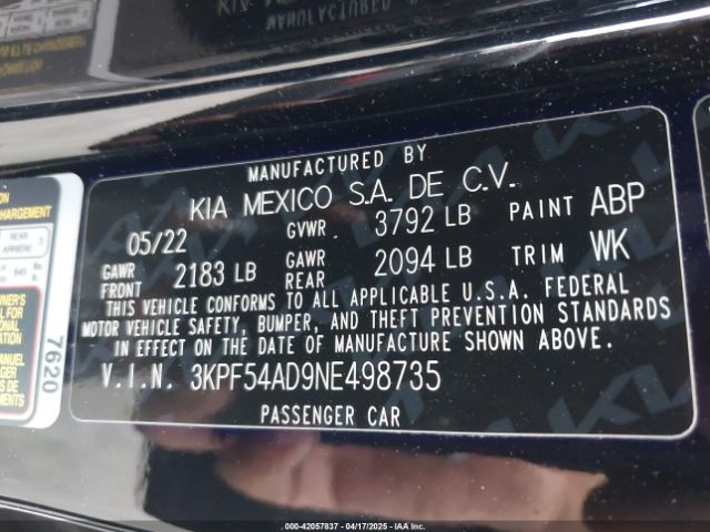 3KPF54AD9NE498735 KIA mpi nu