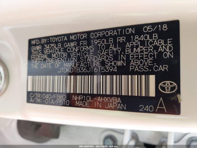 JTDKDTB36J1615394 Toyota Prius C Two