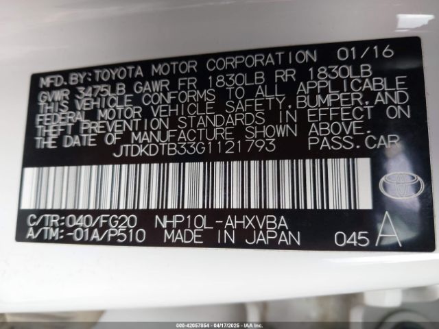 JTDKDTB33G1121793 Toyota Prius C Two