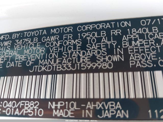 JTDKDTB33J1599980 Toyota Prius C Two