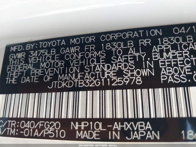 JTDKDTB32G1125978 Toyota Prius C Two