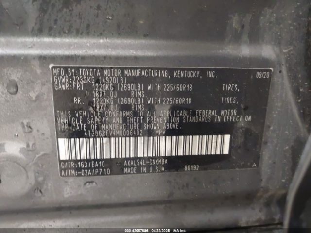 4T3B6RFV4MU006402 Toyota Rav4 Hybrid Xle Premium
