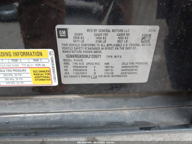 1GNKRGKD0HJ128971 Chevrolet llt - sidi: spark ignited direct injection, alum, 60 degrees
