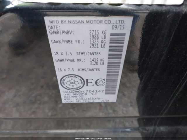 5N1AR2MM2FC704142 Nissan Pathfinder Platinum/s/sl/sv