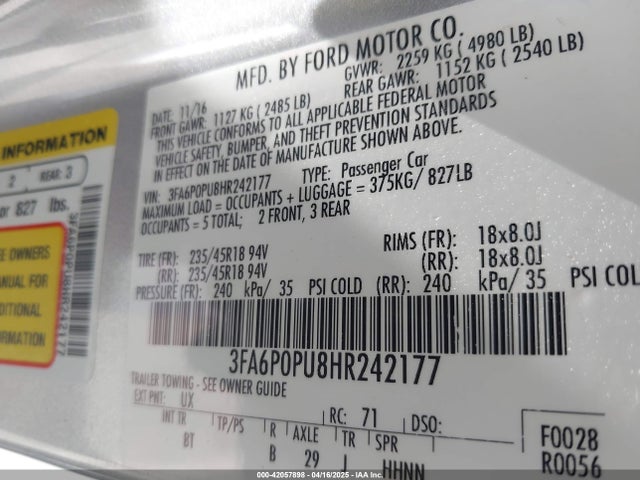 3FA6P0PU8HR242177 Ford Fusion Energi Se Luxury