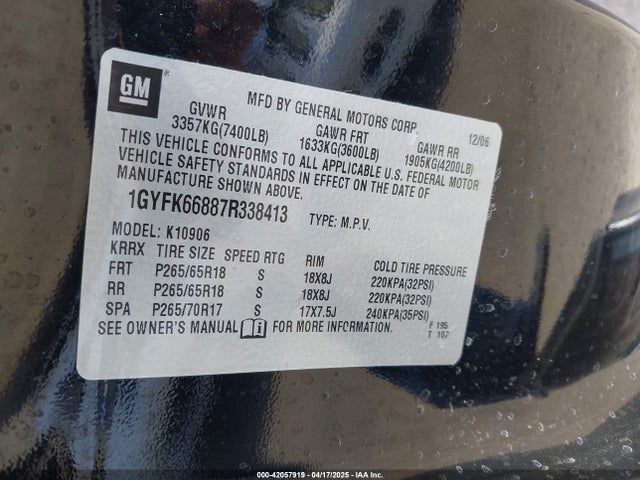2007 CADILLAC ESCALADE ESV 1GYFK66887R338413 Photo 8