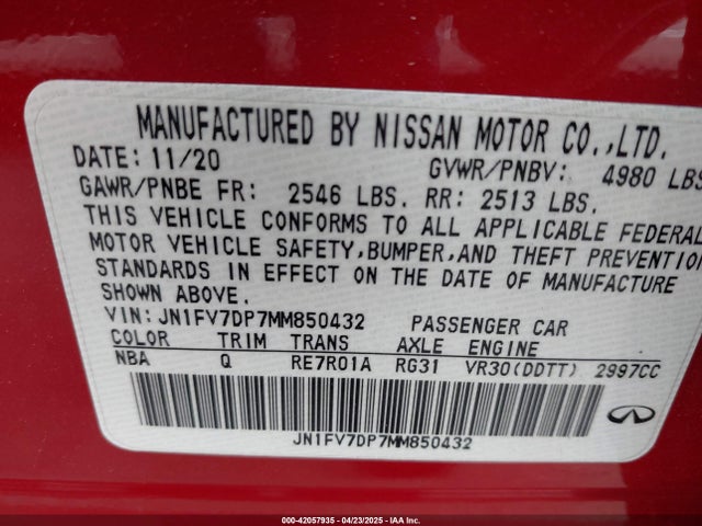 JN1FV7DP7MM850432 Infiniti 3.0l tt