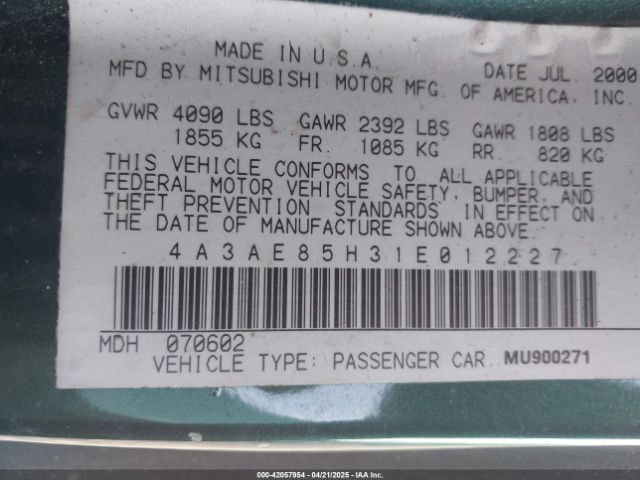 2001 MITSUBISHI ECLIPSE SPYDER 4A3AE85H31E012227 Photo 8