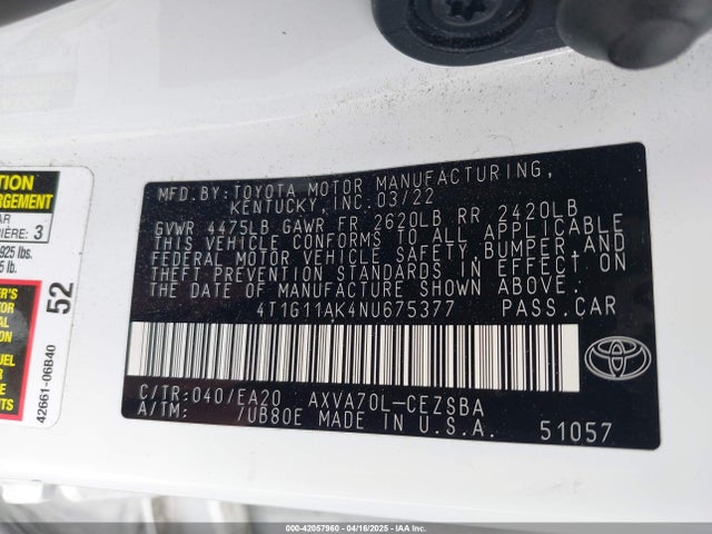 4T1G11AK4NU675377 Toyota CAMRY SE